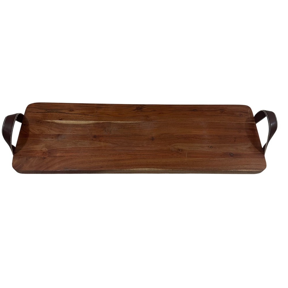 Tabletops Unlimited Mason Wood Serving Plank Brown Faux Leather Handles 30 Inch